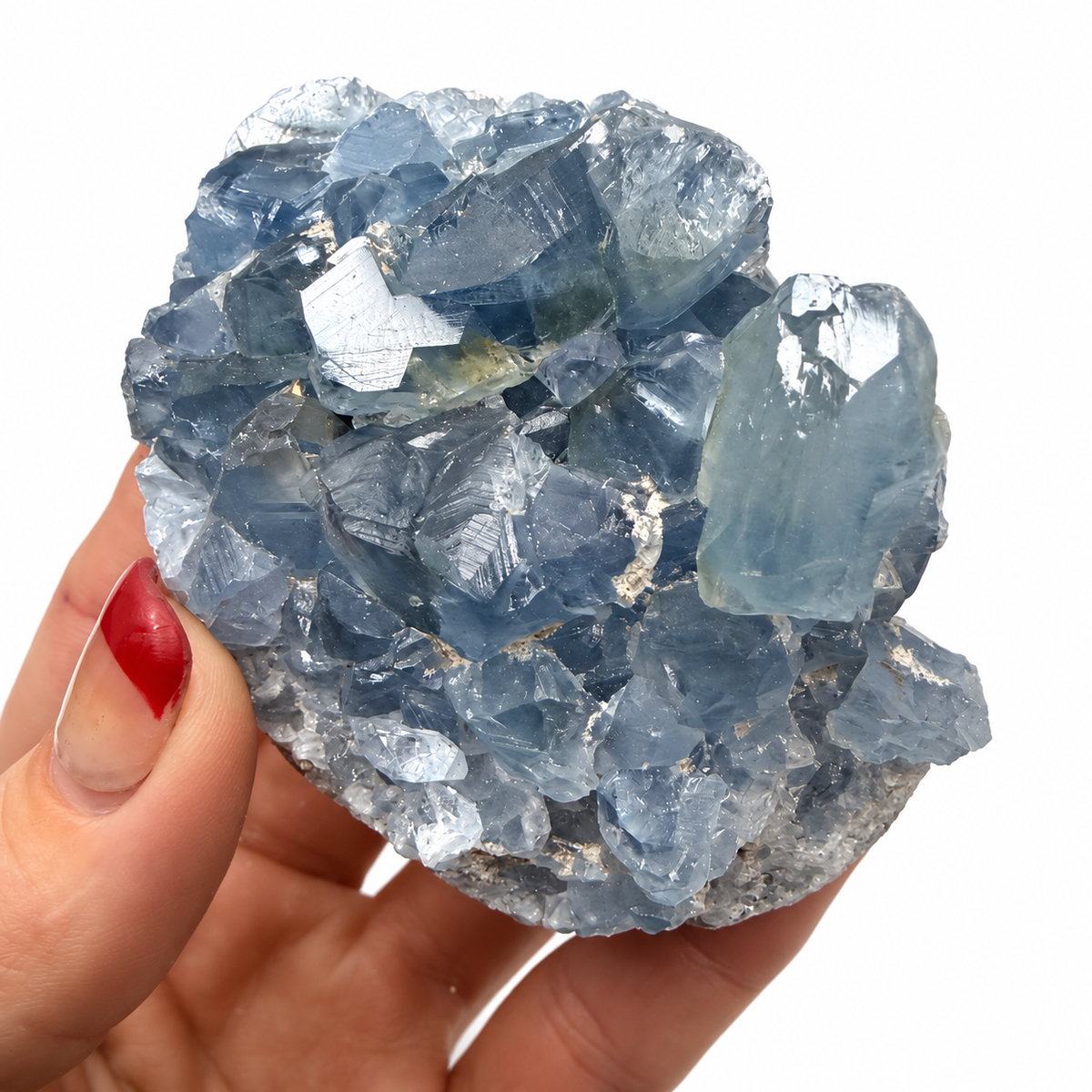 Natural blue Celestite crystal cluster with sparkling points
