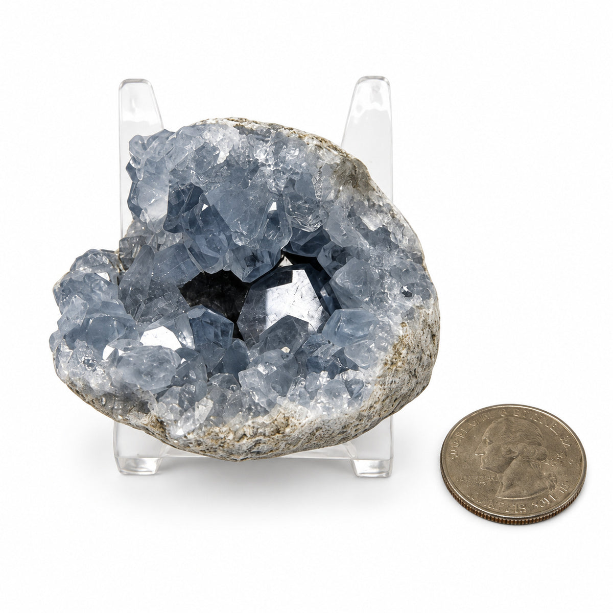 Celestite crystal cluster next to a quarter for size reference