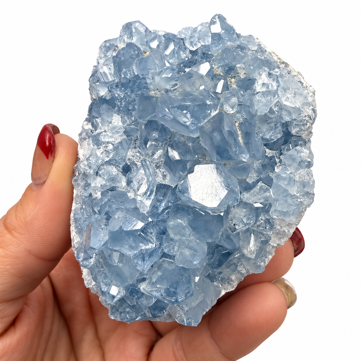 Natural blue Celestite crystal cluster with sparkling crystal points