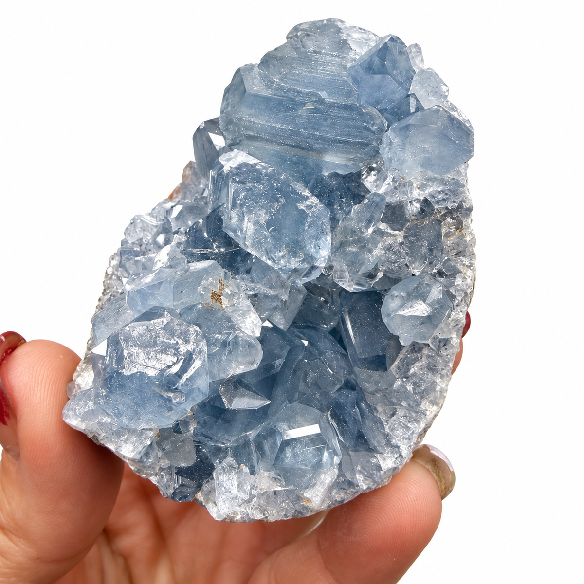 Close-up of sky blue Celestine crystal formations