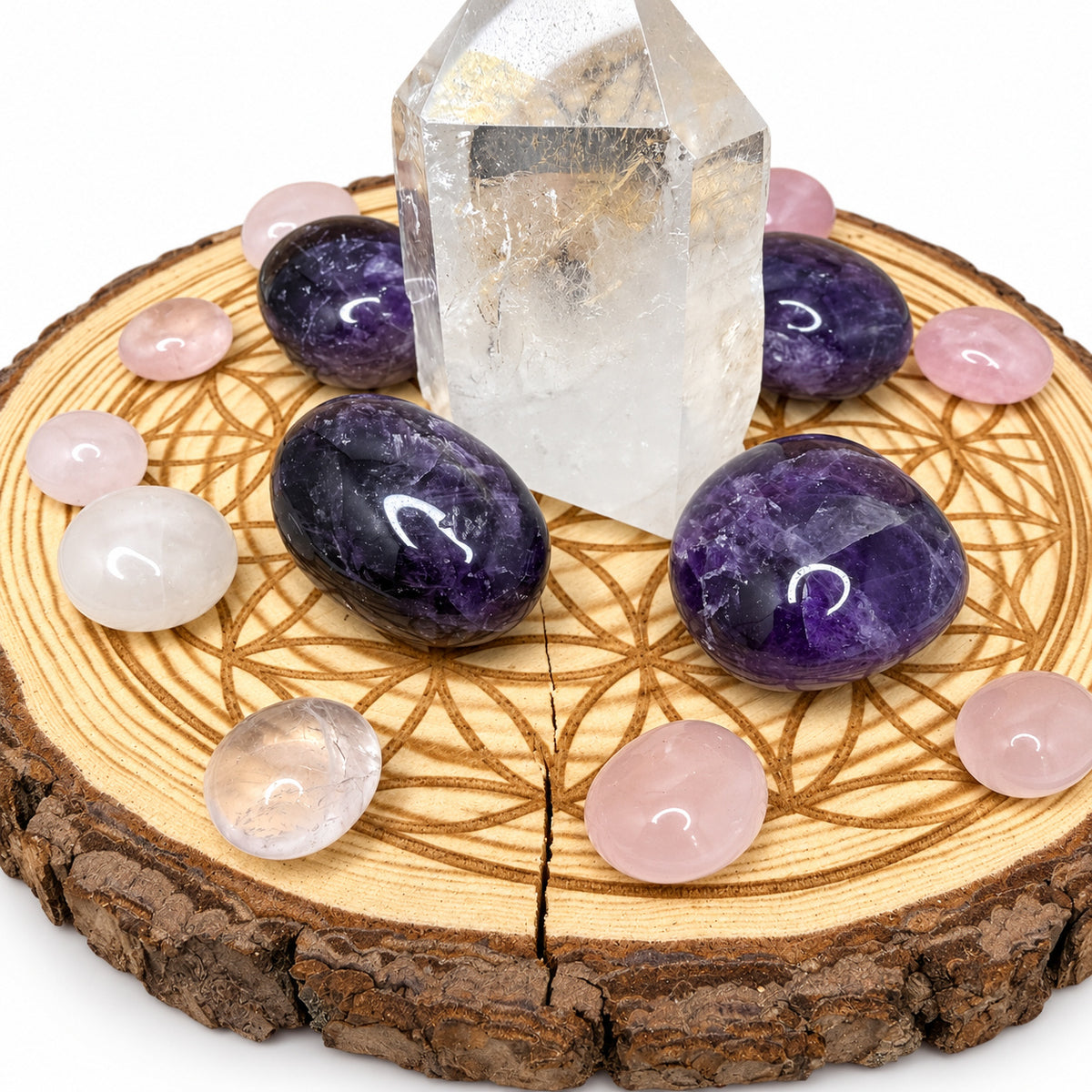 Natural Wood Flower of Life Crystal Grid