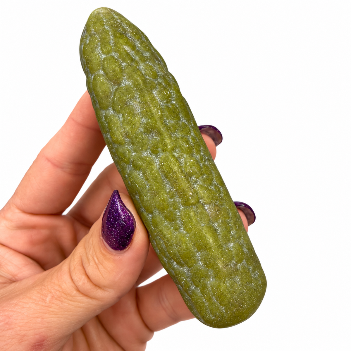 Large 4 inch jade crystal pickle carving in hand - Magick Souls