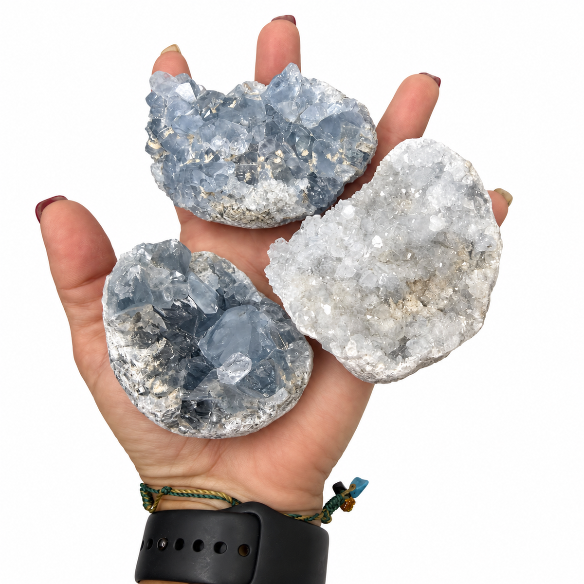 Natural blue Celestite crystal clusters to choose from