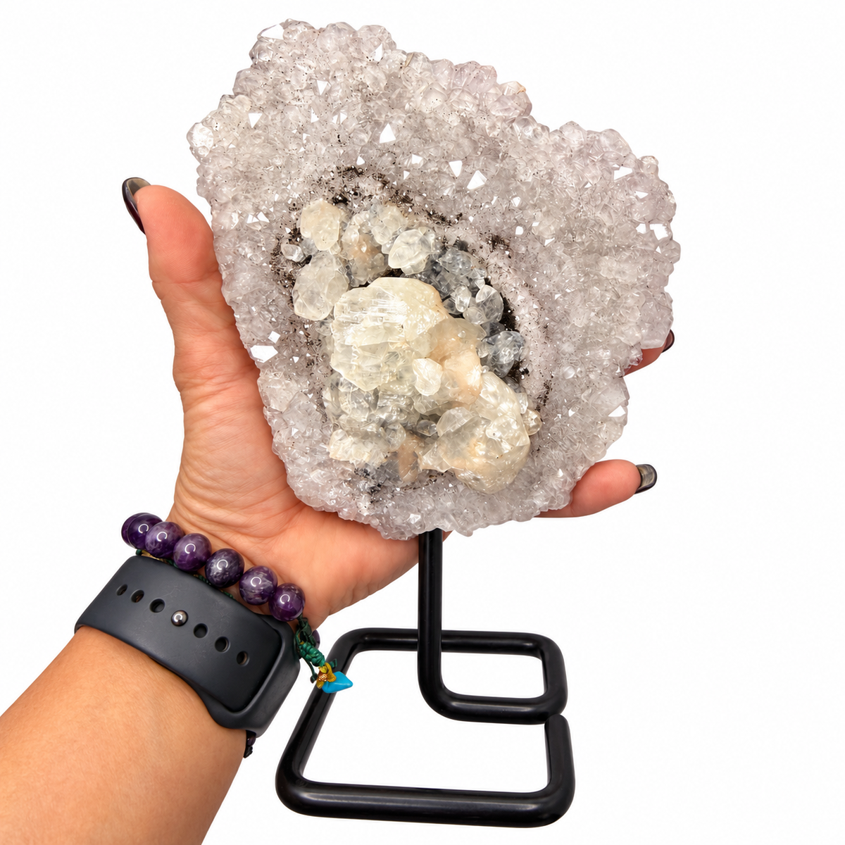 Sparkling quartz cluster with calcite center on black metal stand - Magick Souls