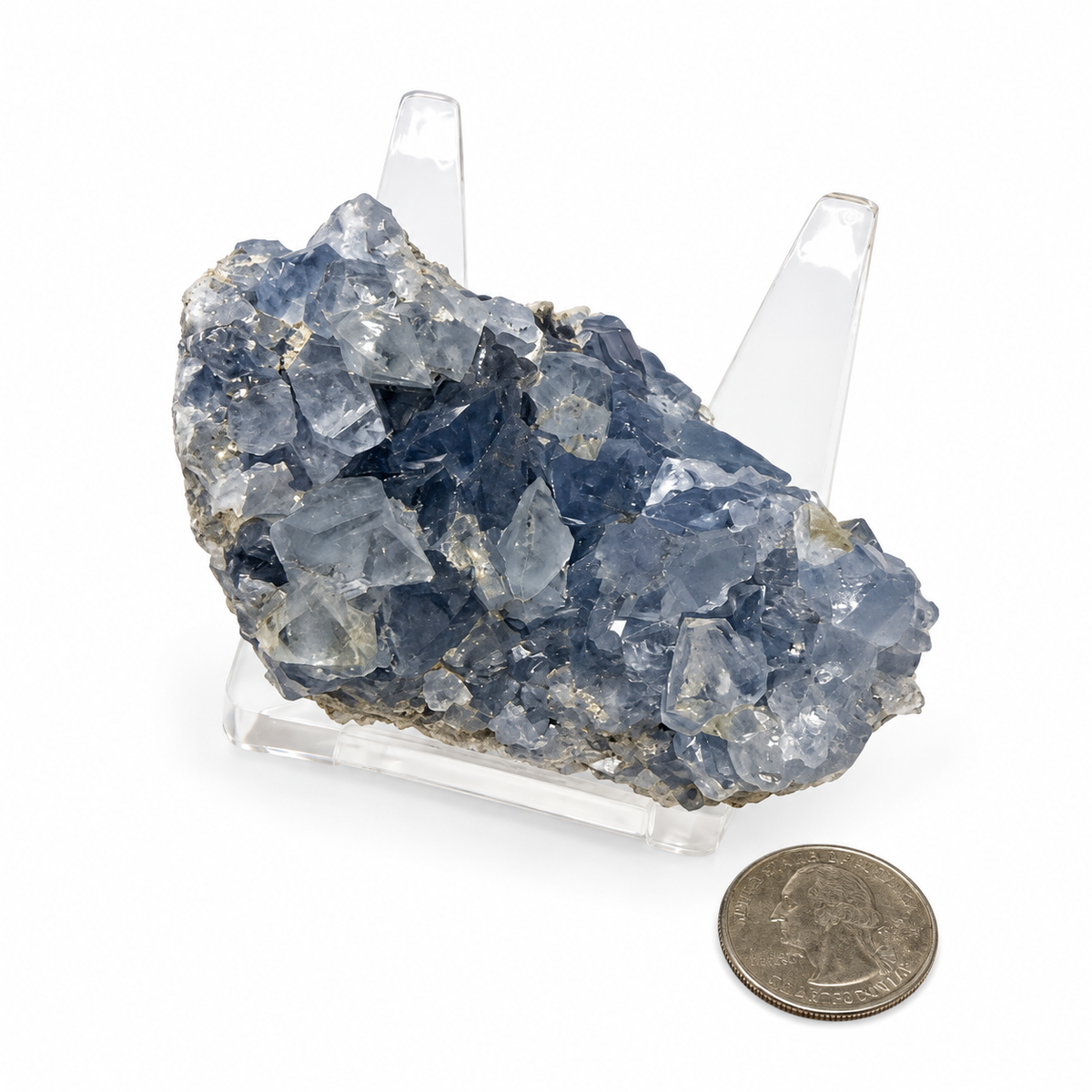 Close-up of sky-blue Celestine crystal points