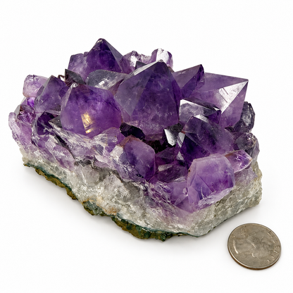 Amethyst cluster on white quartz base, natural specimen - Magick Souls
