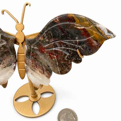 Indonesian agate crystal butterfly on gold stand, alternate view - Magick Souls