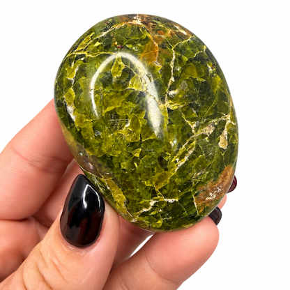 Polished green opal palm stone in olive and moss green - Magick Souls