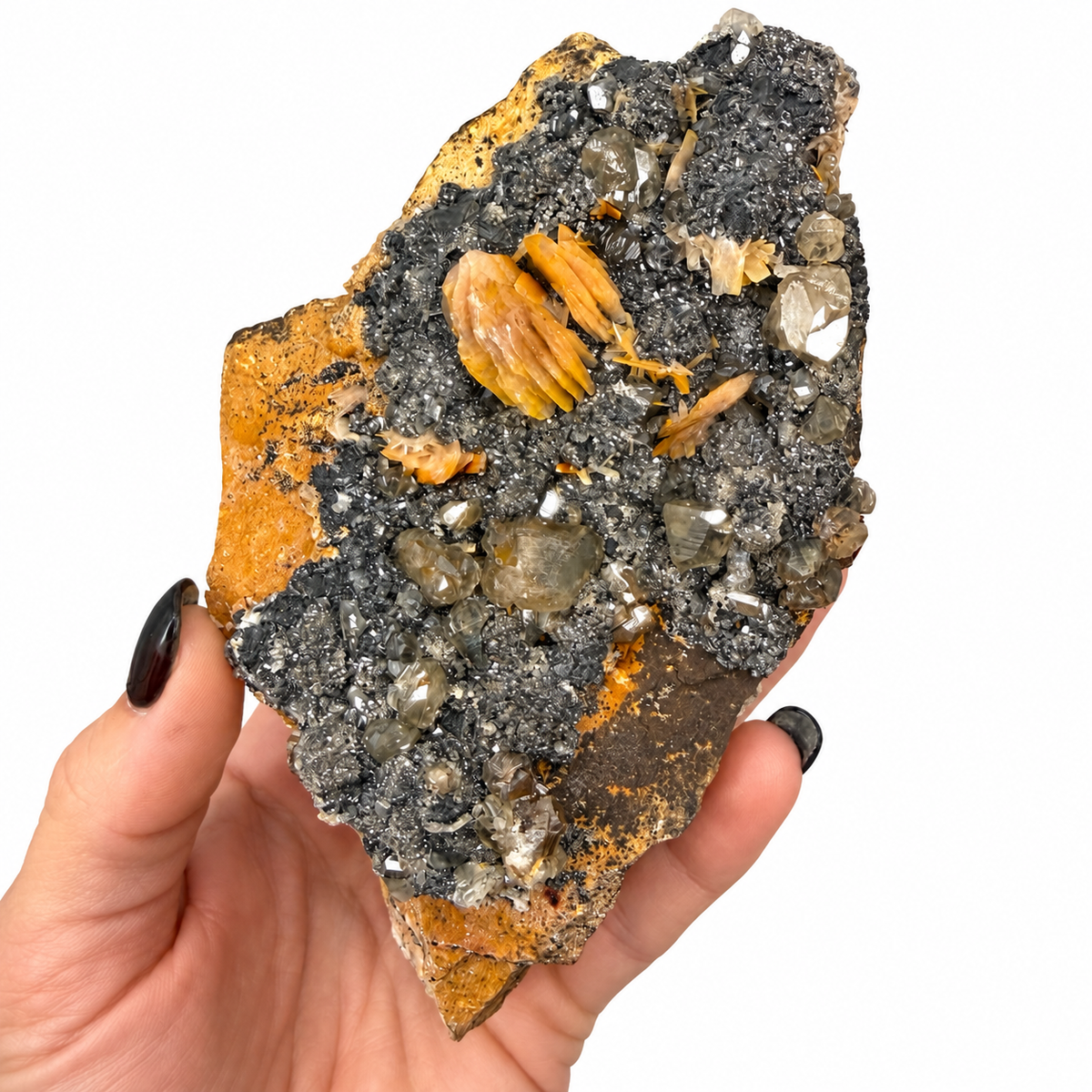 Cerussite mineral specimen from Mexico with sparkling crystals and golden bladed crystals on matrix, next to a quarter for scale - Magick Souls