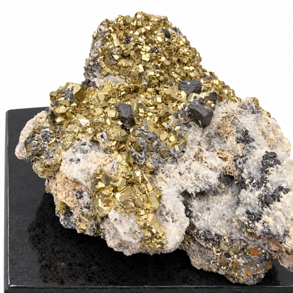 Close-up of gleaming cubic pyrite crystals with dark galena and white quartz matrix