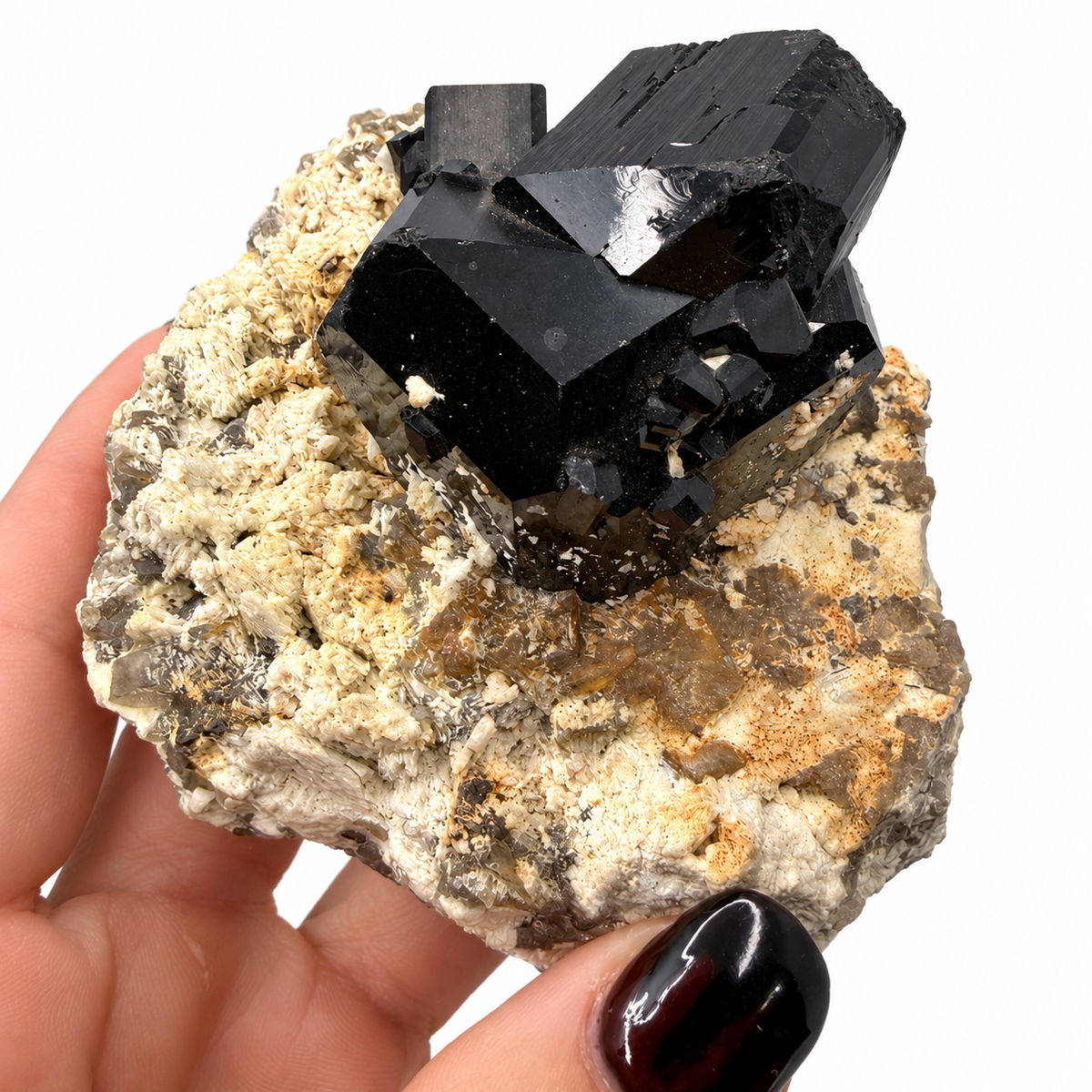 Black tourmaline on cream feldspar mineral specimen, alternate view - Magick Souls