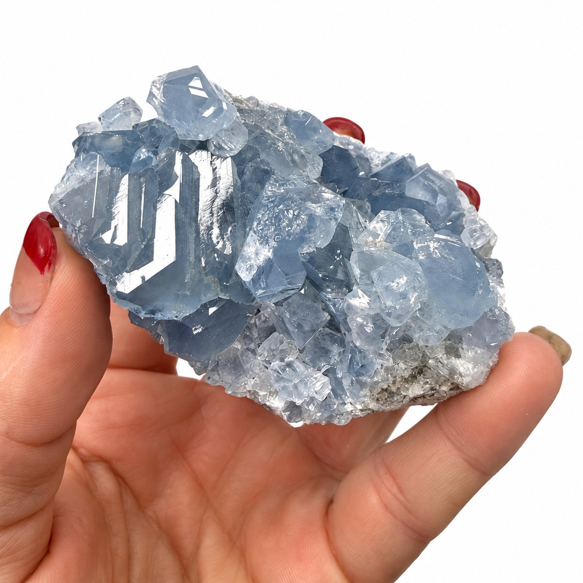 Natural blue Celestite crystal cluster with twinkling points