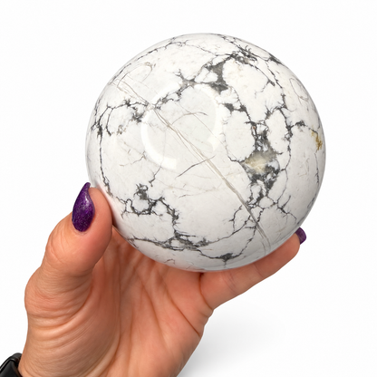 Howlite sphere with wooden stand size view - Magick Souls