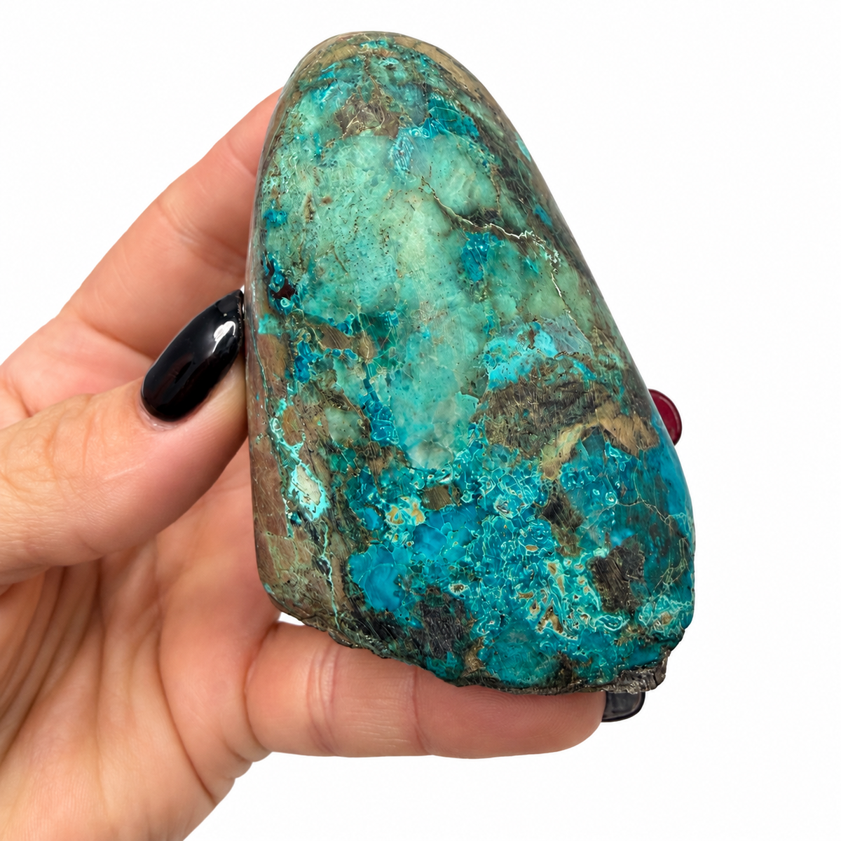 Polished shattuckite freeform from Congo, blue and green, next to a quarter for scale - Magick Souls
