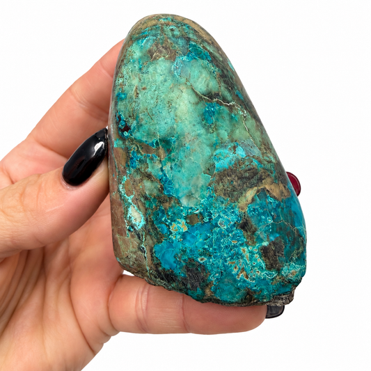 Polished shattuckite freeform from Congo, blue and green, next to a quarter for scale - Magick Souls