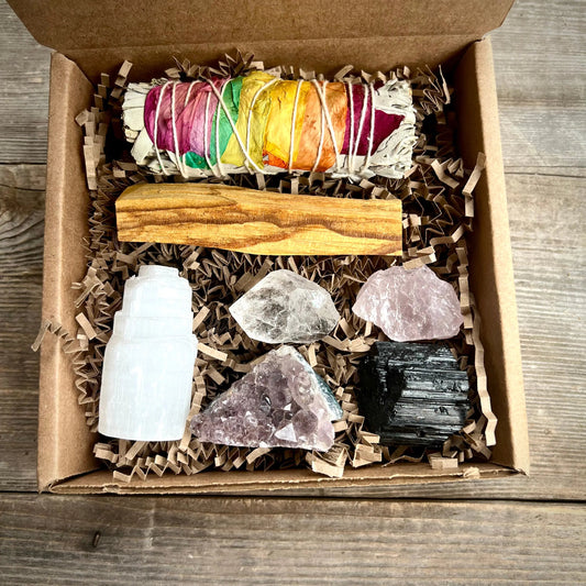 Meditation Healing Crystal Gift Set - 7 Pc. Real Crystals and Sage and Palo Santo Healing Essentials - Magick Souls