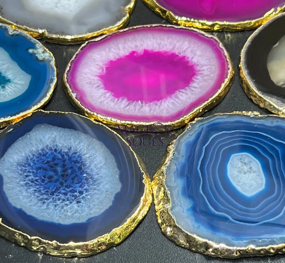 Agate Slice Coaster Gold Plated (Size #3)(3.5 Inches) Grade A Escort Place Cards Painting Blanks Pink Blue Teal Green