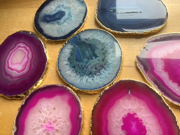 Agate Slice Coasters Set Of 2 Gold Plated Size #2 Grade A (3 3.25 Inches) Escort Place Cards Wholesale Decor items