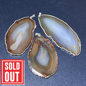 Agate Slice Necklace Pendant (5 Pcs)(Natural Brown)(Silver Edges) Geode Slice Jewelry Wholesale Pendant