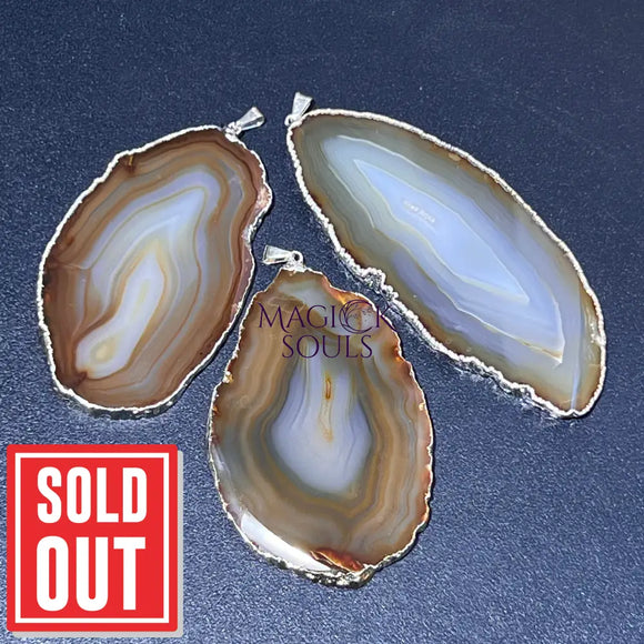 Agate Slice Necklace Pendant (5 Pcs)(Natural Brown)(Silver Edges) Geode Slice Jewelry Wholesale Pendant