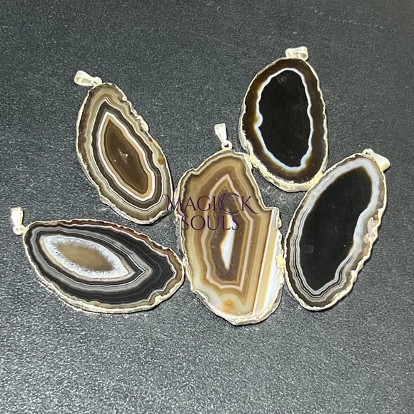 Agate Slice Pendants (Black / Brown)(Silver Edges) Wholesale Craft Supplies & Tools > Beads Gems & Cabochons > Charms &