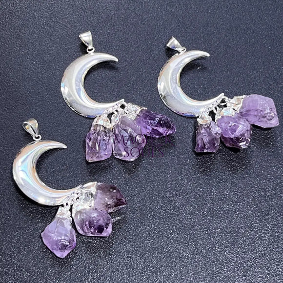 Amethyst Crystal Crescent Moon Pendant (Silver Plated)(3 Crystals) Gemstone Jewelry Necklace Supply Craft Supplies &