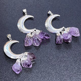 Amethyst Crystal Crescent Moon Pendant (Silver Plated)(3 Crystals) Gemstone Jewelry Necklace Supply Craft Supplies &