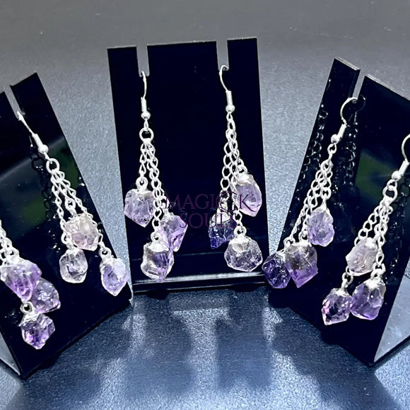 Amethyst Crystal Earrings Pair (Stainless Steel Silver Hooks) Long Dangle Gemstone Jewelry Supply Jewelry > Earrings >