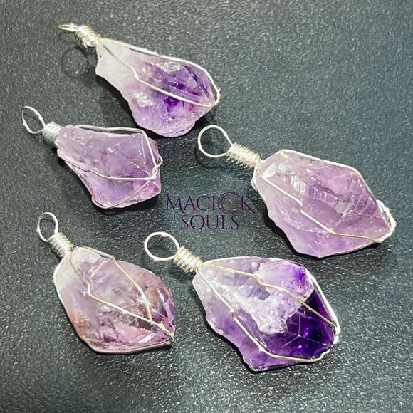 Amethyst Crystal Point Pendant (Silver Plated Wire Wrapped) Raw Gemstone Jewelry Necklace Craft Supplies & Tools >