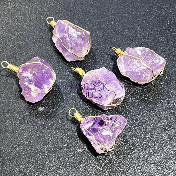 Amethyst Crystal Raw Pendant (Gold Plated Wire Wrapped) Rough Jewelry Necklace Supply Craft Supplies & Tools > Beads