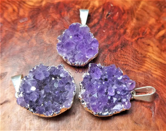 Amethyst Druzy Crystal Pendant (Silver Plated Edges) Petite Purple Jewelry Charm Necklace Supply Jewelry