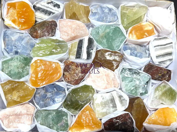 Assorted Calcite & Fluorite Mixed Rough Raw Crystals Wholesale Collection Orange Blue Zebra Green Box Flat Home &