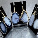 Black Gray Agate Slice Earrings Pair (Gold Plated Edges) Wholesale Jewelry > Earrings > Dangle & Drop Earrings