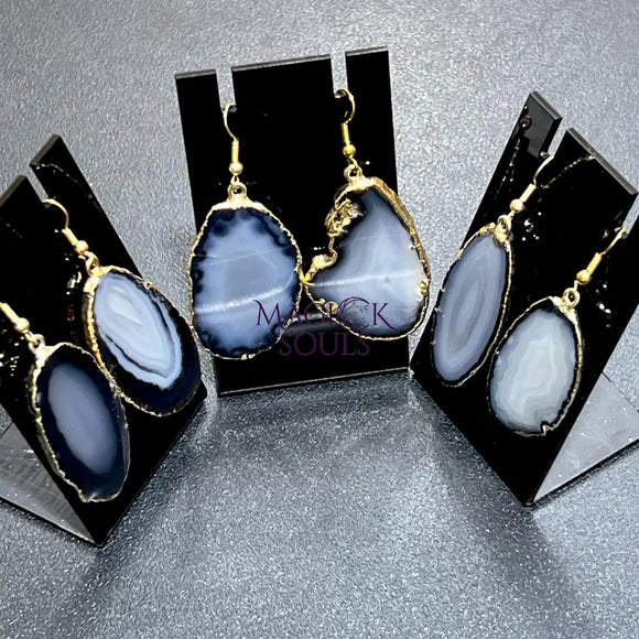 Black Gray Agate Slice Earrings Pair (Gold Plated Edges) Wholesale Jewelry > Earrings > Dangle & Drop Earrings