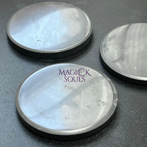 Black Shungite Polished Coaster (3.5 Inch) Circle Plate Polished Carving Russian Mineralized Carbon Home & Living >