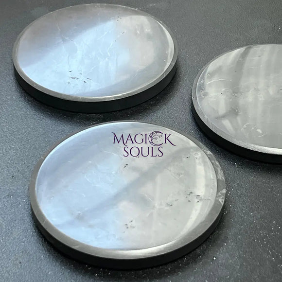 Black Shungite Polished Coaster (3.5 Inch) Circle Plate Polished Carving Russian Mineralized Carbon Home & Living >