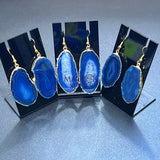 Blue Agate Slice Earrings Pair (Gold Plated Edges)(Stainless Hooks) Geode Slice Jewelry Jewelry > Earrings > Dangle &