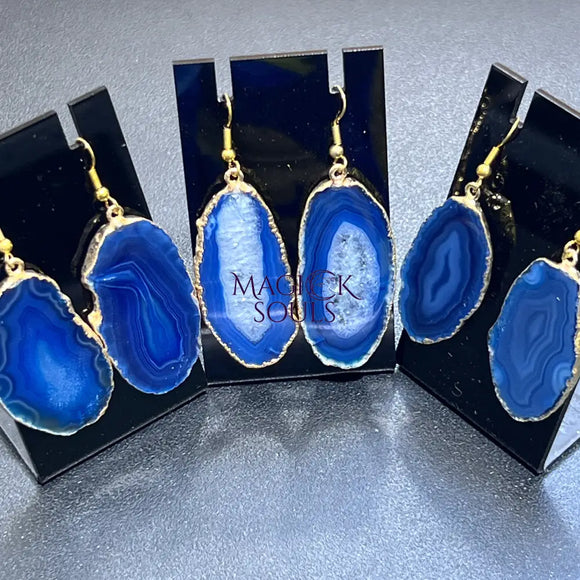 Blue Agate Slice Earrings Pair (Gold Plated Edges)(Stainless Hooks) Geode Slice Jewelry Jewelry > Earrings > Dangle &