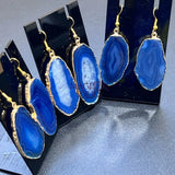 Blue Agate Slice Earrings Pair (Gold Plated Edges)(Stainless Hooks) Geode Slice Jewelry Jewelry > Earrings > Dangle &