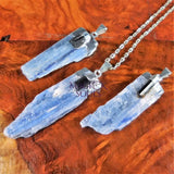 Blue Kyanite & Tourmaline Crystal Pendant (Silver Plated) Gemstone Jewelry Necklace Charm Supply Craft Supplies & Tools