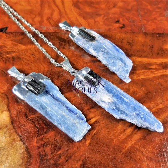 Blue Kyanite & Tourmaline Crystal Pendant (Silver Plated) Gemstone Jewelry Necklace Charm Supply Craft Supplies & Tools
