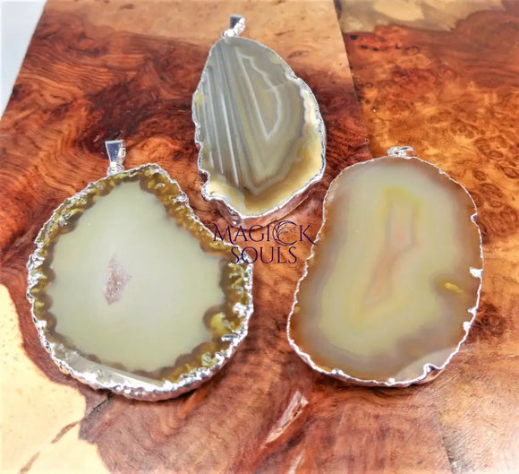 Brown Agate Slice Pendant (Silver Plated Edges) Polished Geode Jewelry Retail Pendants