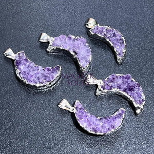 Crescent Moon Pendant (Amethyst Druzy Crystal)(Silver Plated) Gemstone Jewelry Necklace Charm Supply Craft Supplies &