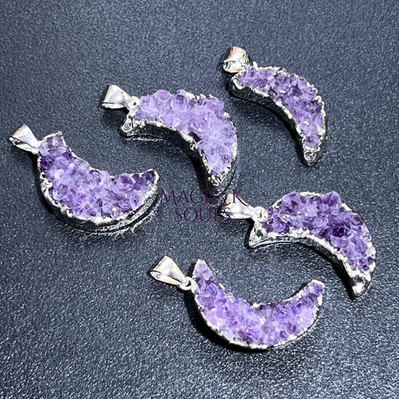 Crescent Moon Pendant (Amethyst Druzy Crystal)(Silver Plated) Gemstone Jewelry Necklace Charm Supply Craft Supplies &