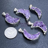 Crescent Moon Pendant (Amethyst Druzy Crystal)(Silver Plated) Gemstone Jewelry Necklace Charm Supply Craft Supplies &