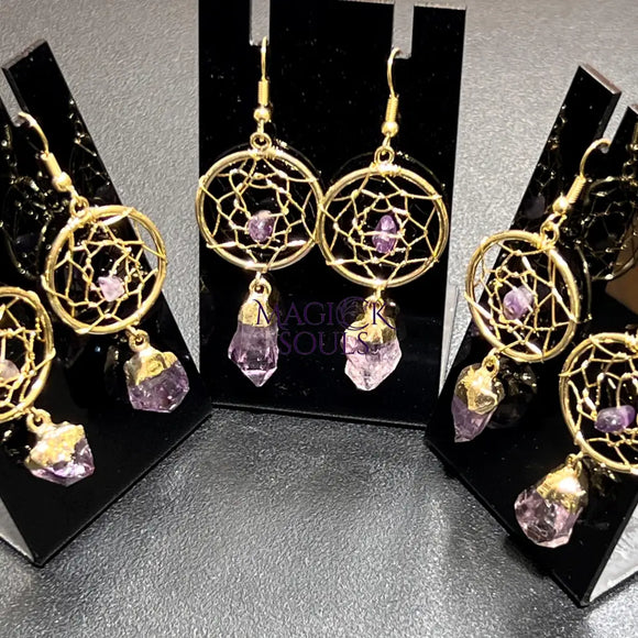 DreamCatcher Earrings Pair (Amethyst Crystal)(Gold Plated)(Stainless Steel Hooks) Gemstone Jewelry Supply Jewelry >