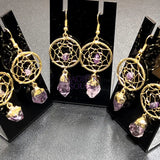 DreamCatcher Earrings Pair (Amethyst Crystal)(Gold Plated)(Stainless Steel Hooks) Gemstone Jewelry Supply Jewelry >