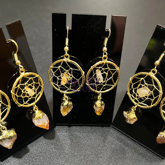 DreamCatcher Earrings Pair (Citrine Crystal)(Gold Plated)(Stainless Steel Hooks) Gemstone Jewelry Supply Jewelry >