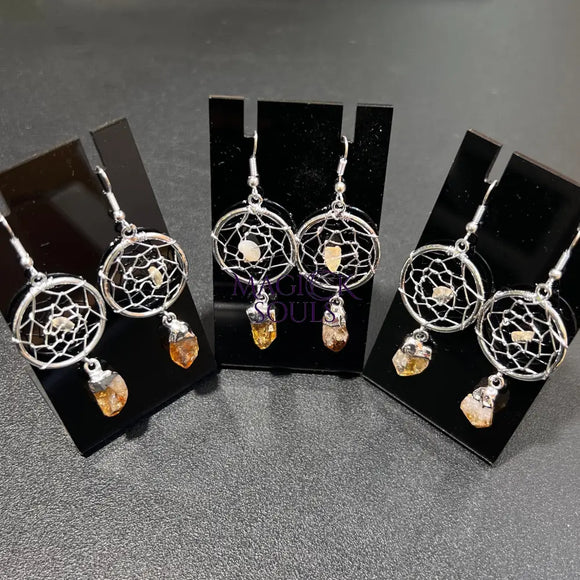 DreamCatcher Earrings Pair (Citrine Crystal)(Silver Plated)(Stainless Steel Hooks) Gemstone Jewelry Supply Jewelry >