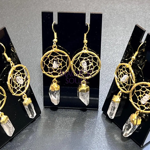 DreamCatcher Earrings Pair (Quartz Crystal)(Gold Plated)(Stainless Steel Hooks) Gemstone Jewelry Supply Jewelry >